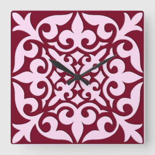 Moroccan tile - burgundy and pink square wall clock