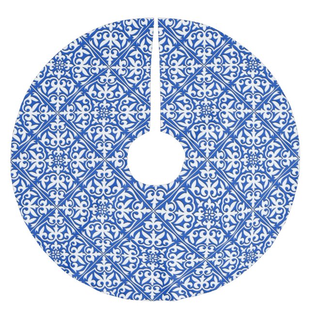 Moroccan tile - cobalt blue and white brushed polyester tree skirt (Front)