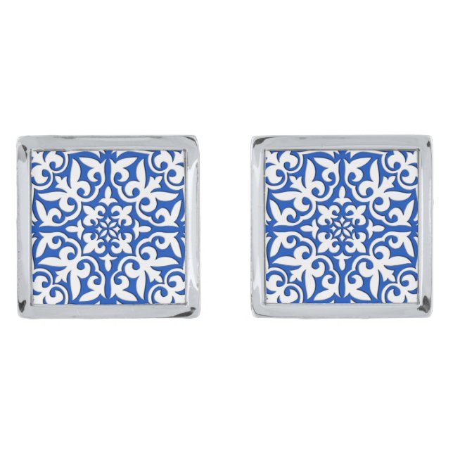 Moroccan tile - cobalt blue and white cufflinks (Front)