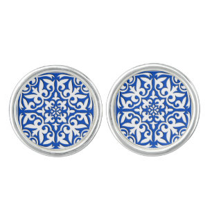 Moroccan tile - cobalt blue and white cufflinks