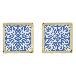 Moroccan tile - cobalt blue and white gold cufflinks