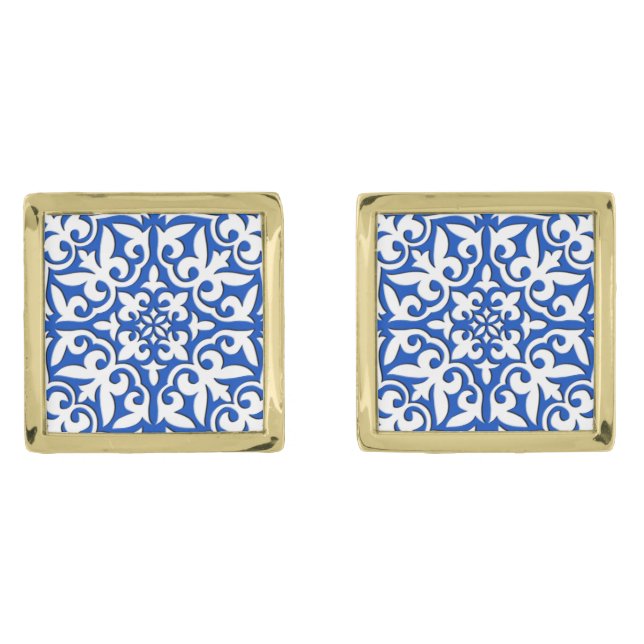 Moroccan tile - cobalt blue and white gold cufflinks (Front)