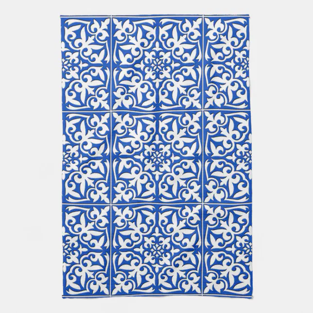 Moroccan tile - cobalt blue and white kitchen towel | Zazzle
