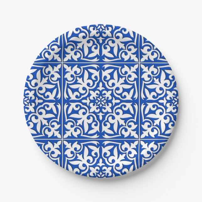 Moroccan tile - cobalt blue and white paper plates (Front)