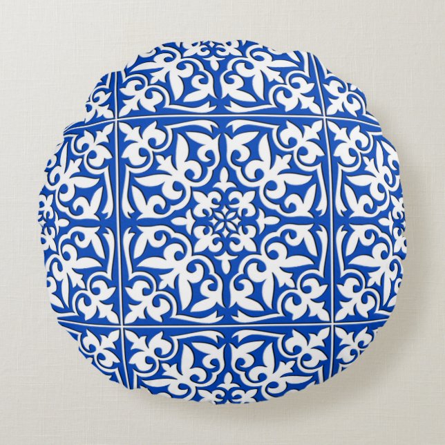 Moroccan tile - cobalt blue and white round pillow (Front)