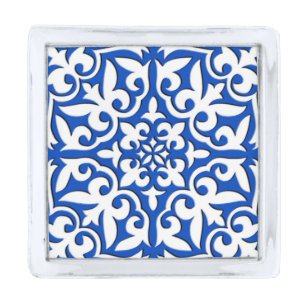 Moroccan tile - cobalt blue and white silver finish lapel pin