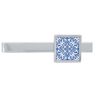 Moroccan tile - cobalt blue and white silver finish tie clip