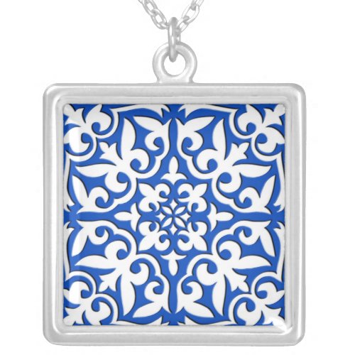 Moroccan tile _ cobalt blue and white silver plated necklace