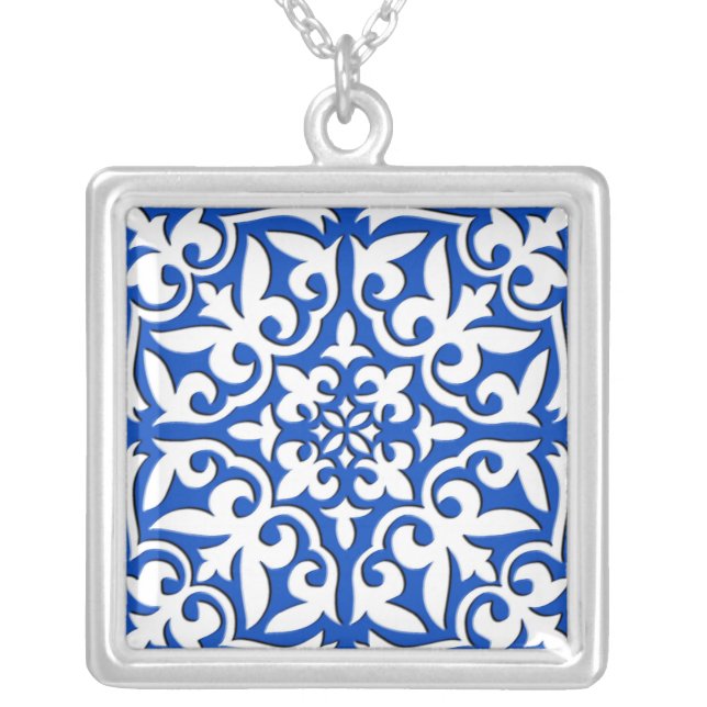 Moroccan tile - cobalt blue and white silver plated necklace (Front)