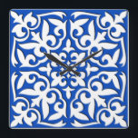 Moroccan tile - cobalt blue and white square wall clock<br><div class="desc">Moroccan inspired tile pattern with a polished,  ceramic look - cobalt blue with a white background</div>