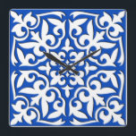 Moroccan tile - cobalt blue and white square wall clock<br><div class="desc">Moroccan inspired tile pattern with a polished,  ceramic look - cobalt blue with a white background</div>