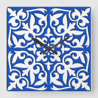 Moroccan tile - cobalt blue and white square wall clock