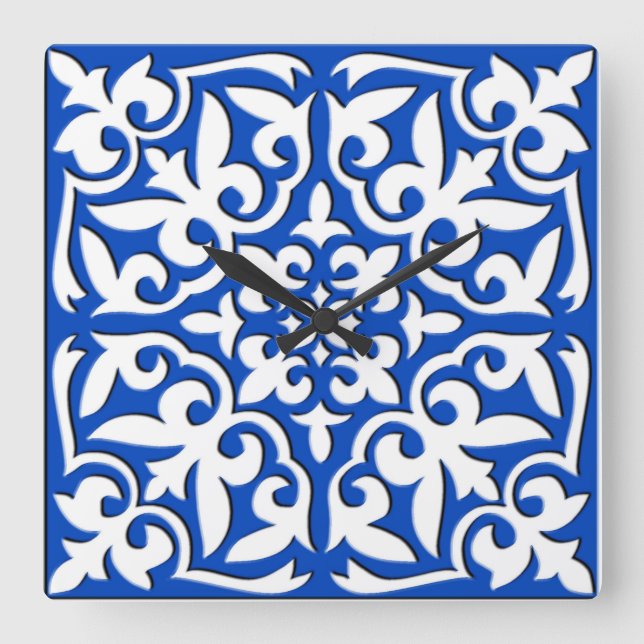 Moroccan tile - cobalt blue and white square wall clock (Front)