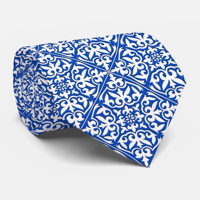 Moroccan tile - cobalt blue and white tie (Rolled)