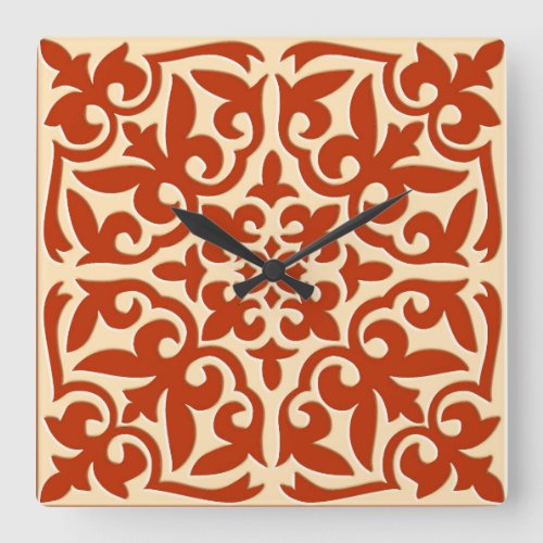 Moroccan tile _ coral orange and peach square wall clock