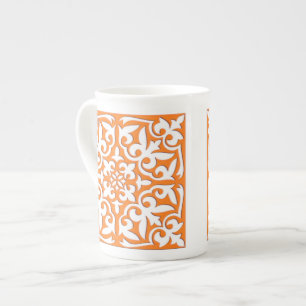 Moroccan tile - coral orange and white bone china mug