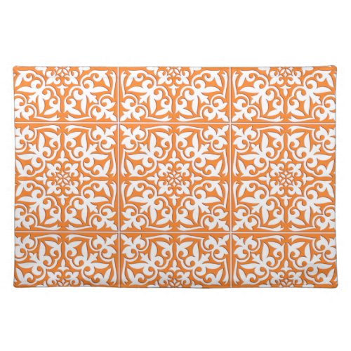 Moroccan tile _ coral orange and white cloth placemat