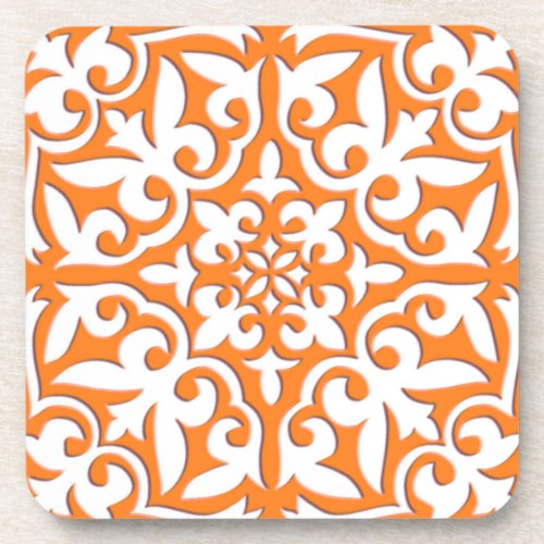 Moroccan tile _ coral orange and white drink coaster