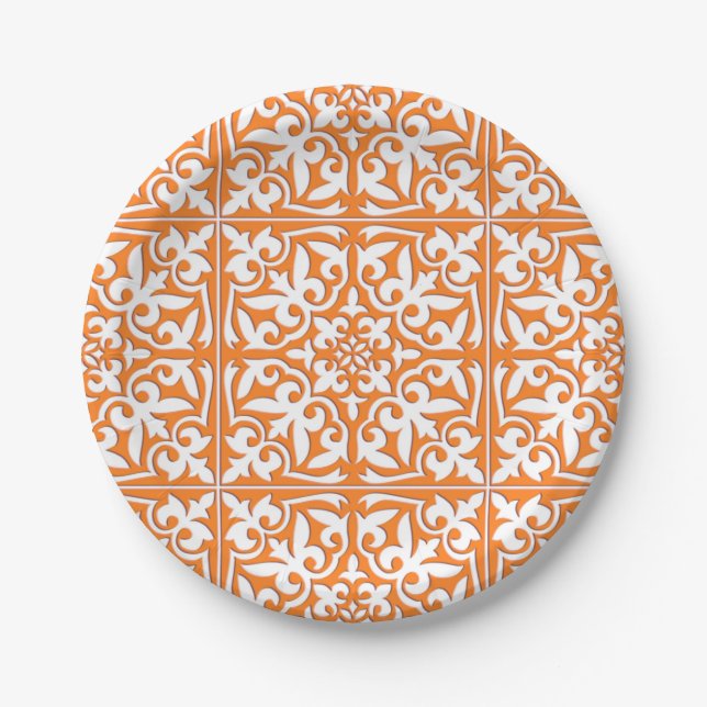 Moroccan tile - coral orange and white paper plates (Front)