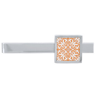 Moroccan tile - coral orange and white silver finish tie bar