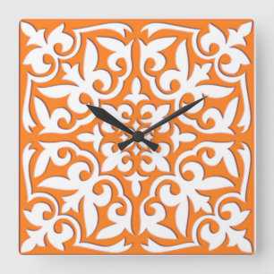 Moroccan tile - coral orange and white square wall clock