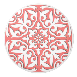 Moroccan tile - coral pink and white ceramic knob