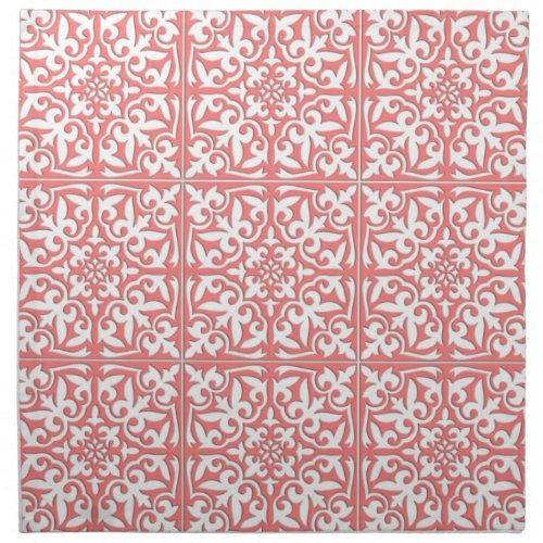 Moroccan tile _ coral pink and white cloth napkin