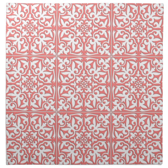 Moroccan tile - coral pink and white cloth napkin (Front)