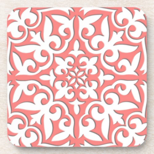 Moroccan tile _ coral pink and white drink coaster