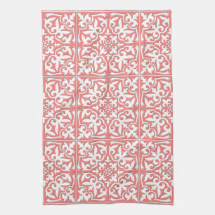 Moroccan tile - coral pink and white kitchen towel