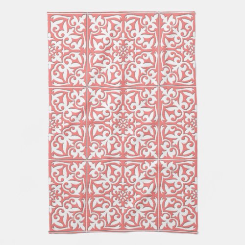 Moroccan tile _ coral pink and white kitchen towel