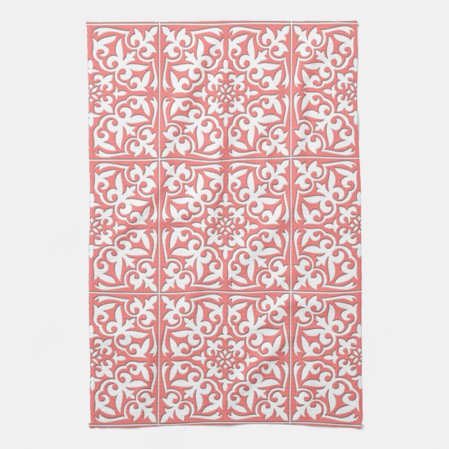 Moroccan tile - coral pink and white kitchen towel (Vertical)