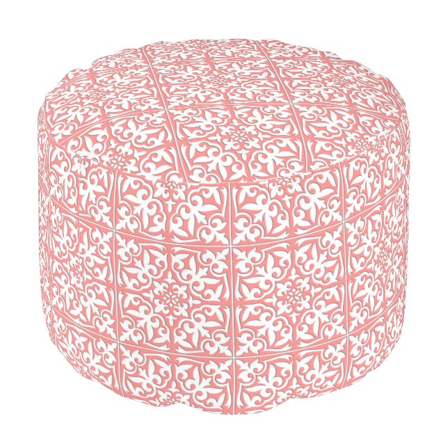 Moroccan tile - coral pink and white pouf (Angled Back)