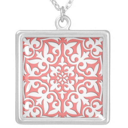 Moroccan tile _ coral pink and white silver plated necklace