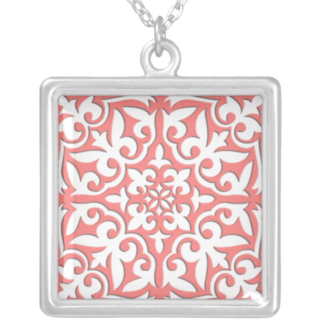 Moroccan tile - coral pink and white silver plated necklace (Front)