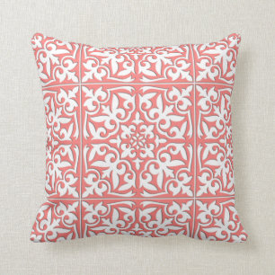 Moroccan tile - coral pink and white throw pillow