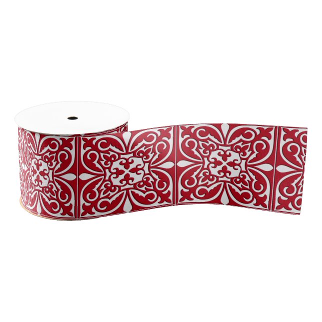 Moroccan tile - dark red and white grosgrain ribbon (Spool)