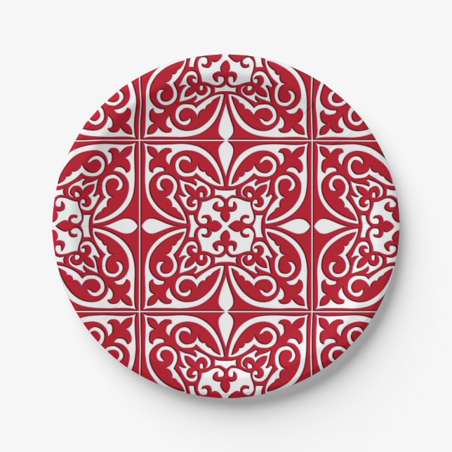 Moroccan tile - dark red and white paper plates (Front)