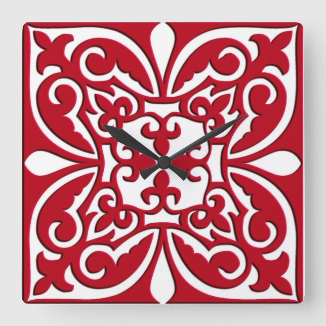 Moroccan tile - dark red and white square wall clock (Front)