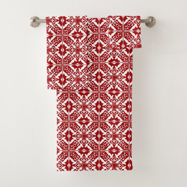 Moroccan Tile, Deep Red and White Bath Towel Set (Insitu)