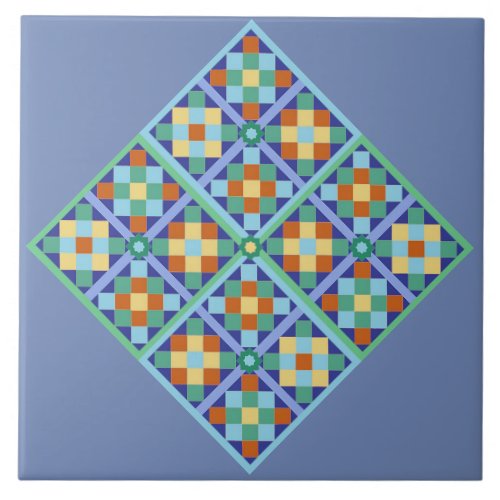 Moroccan tile diamond in blue teal gold terracotta