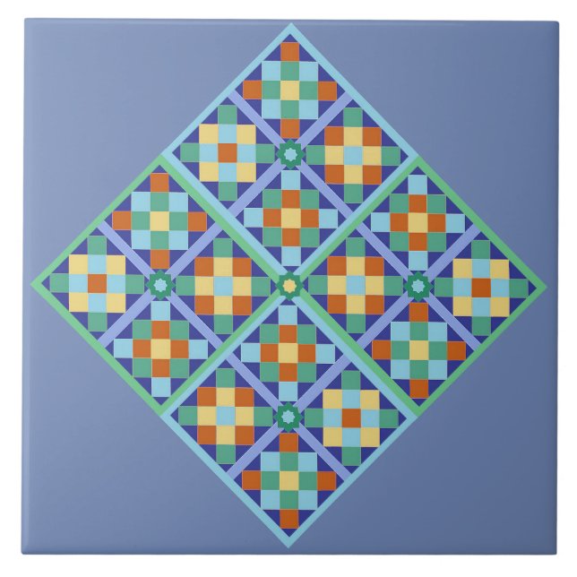 Moroccan tile diamond in blue teal gold terracotta (Front)