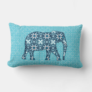 Moroccan Tile Elephant, Cobalt, Navy & Light Blue Lumbar Pillow
