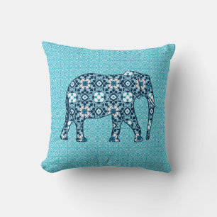 Moroccan Tile Elephant, Cobalt, Navy & Light Blue Throw Pillow
