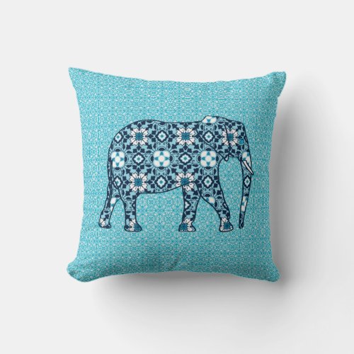 Moroccan Tile Elephant Cobalt Navy  Light Blue Throw Pillow