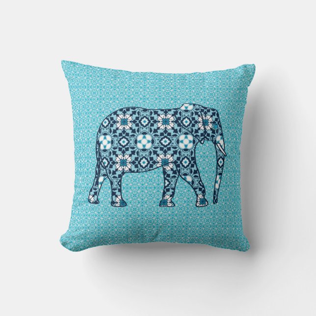 Moroccan Tile Elephant, Cobalt, Navy & Light Blue Throw Pillow (Front)