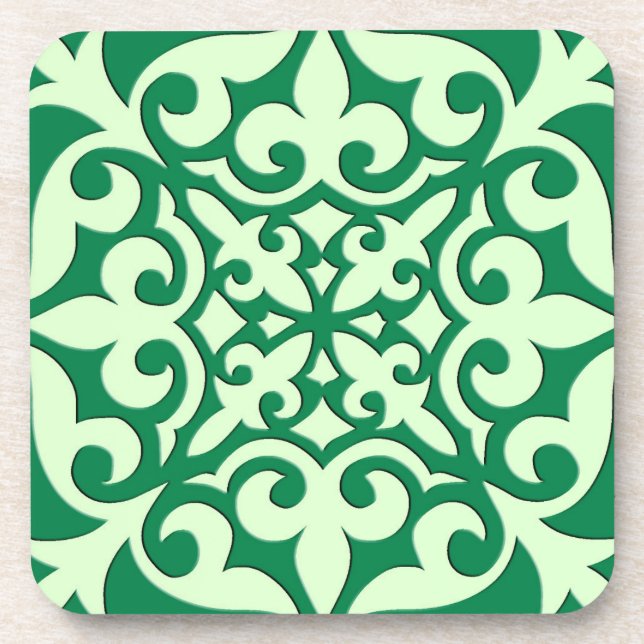 Moroccan tile - emerald and light green beverage coaster (Front)