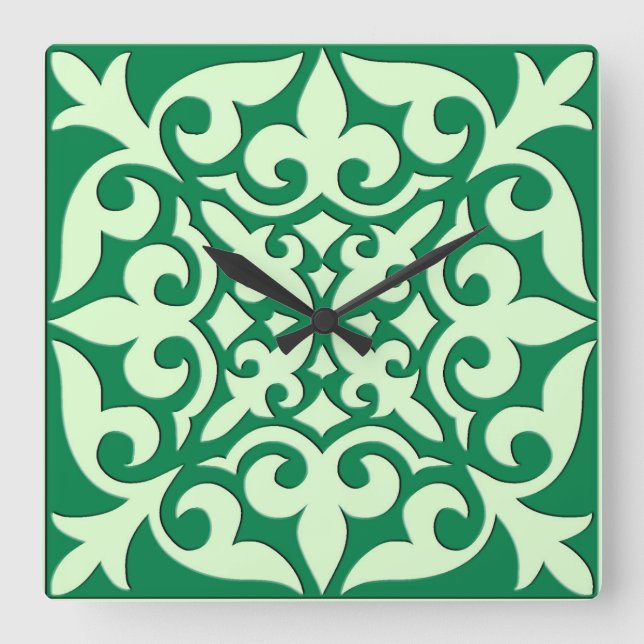 Moroccan tile - emerald and light green square wall clock (Front)