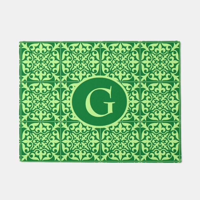 Moroccan tile, emerald green, with monogram doormat (Front)
