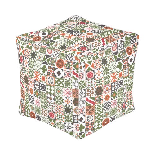 Moroccan tile _ greenblackred outdoor pouf